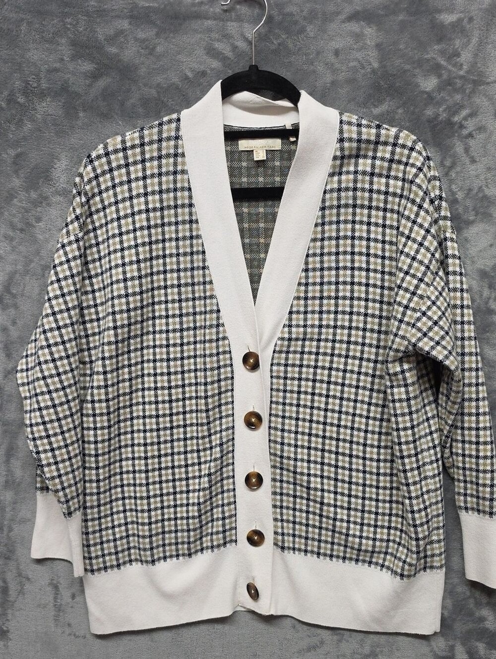 Barbour Gray and White Checked Knit Cardigan Sz 6